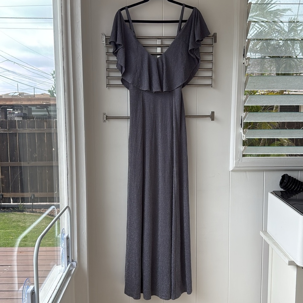 Show Me Your Mumu Renee Ruffle Maxi Dress Dancing Queen Smoke Grey Bridesmaid - Picture 2 of 10